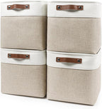 Collapsible Fabric Storage Cubes 11x11 Cube Storage Bins, 4 Pack Closet Baskets Box with Handles for Organizing, Shelf, Toys, Clothes, Home, Office, Nursery (Beige&White)