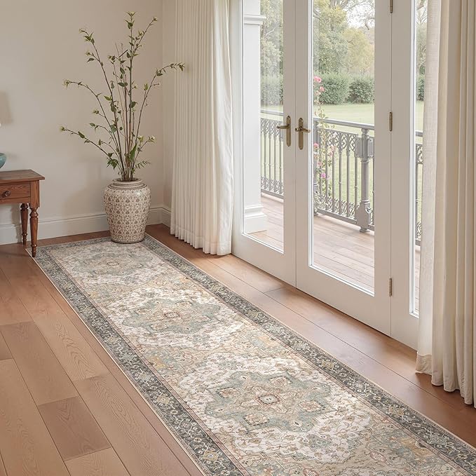 Washable 2.6x14 Runner Rug - Area Rugs Neutral Vintage Distressed Floral Farmhouse Boho Large Soft Floor Rug Indoor Carpet for Hallway Entryway Home - Forest Green Orange