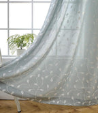 MIUCO Floral Embroidered Semi-Sheer Curtains Faux Linen Grommet Window Panel Pair for Nursery 52 x 63 Inch, Sea Foam