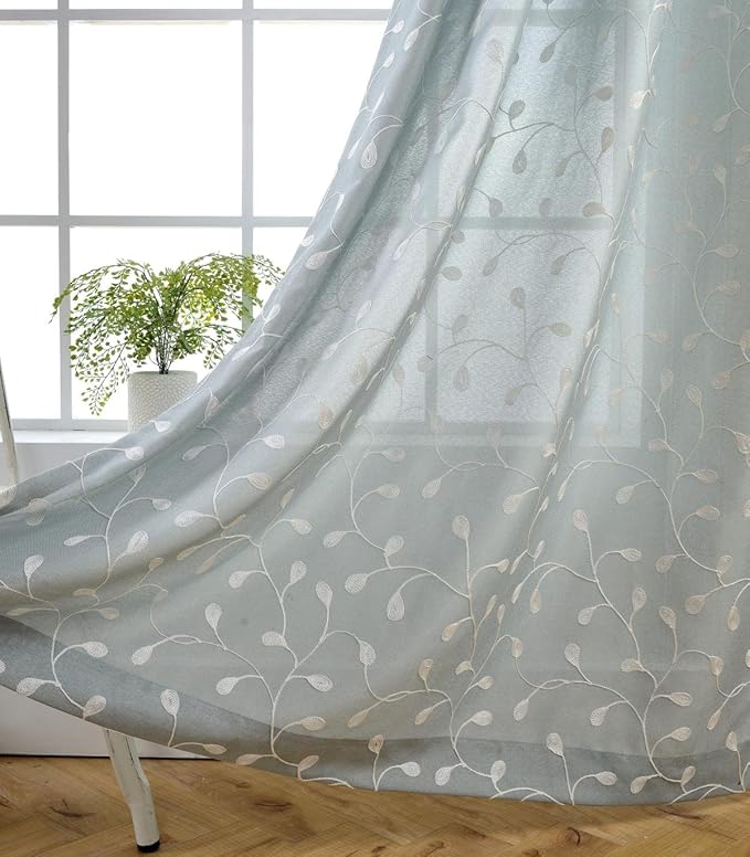 MIUCO Floral Embroidered Semi-Sheer Curtains Faux Linen Grommet Window Panel Pair for Nursery 52 x 63 Inch, Sea Foam
