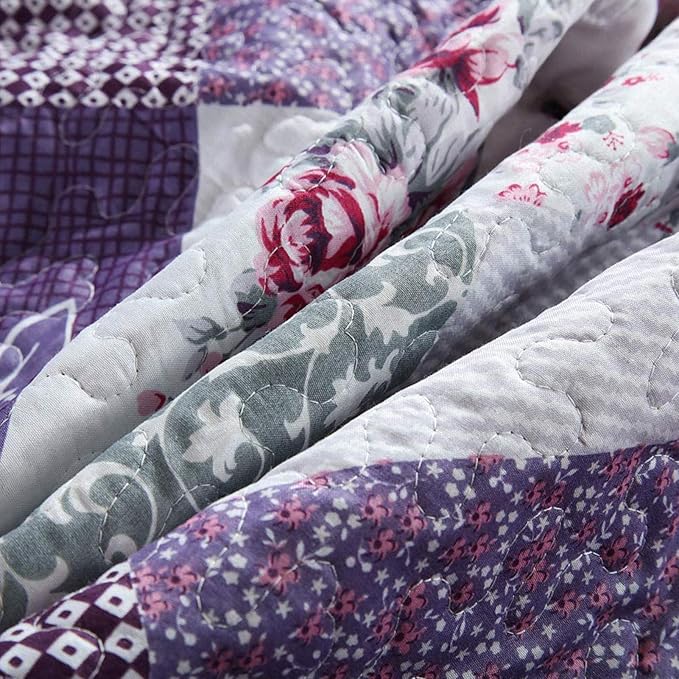 NEWLAKE Quilt Bedspread Sets-Floral Checkered Pattern Reversible Coverlet Set,King Size