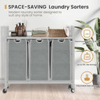 Laundry Hamper, Laundry Basket, Laundry Sorter with 3 Removable Bags, Clothes Basket with 3 Compartments, Wheels, Shelf for Laundry Room Bathroom Bedroom (3 Bags-Gray)