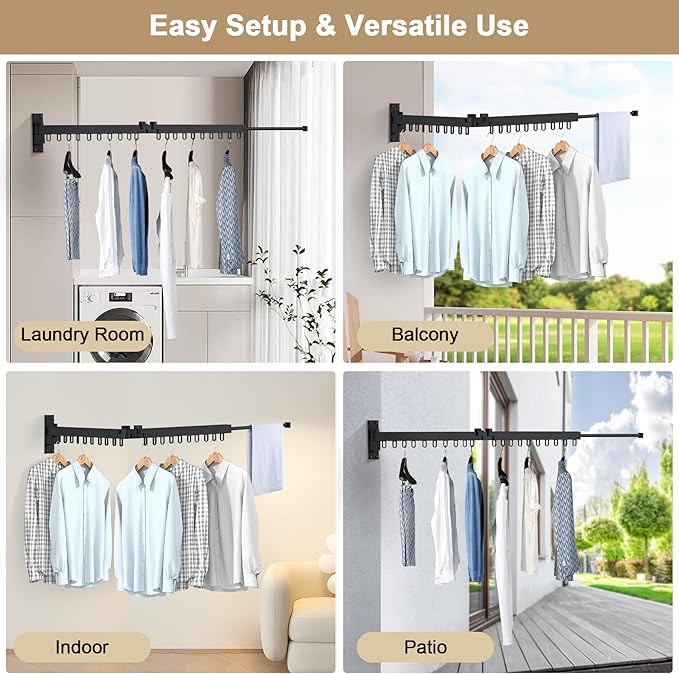 Bakala Clothes Drying Rack Foldable, Laundry Drying Rack Clothing Wall Mounted, Clothing Racks for Hanging Clothes, Heavy-duty Space Saving Hanger,Retractable,Expandable,Collapsible, 64" (Hooks,Black)