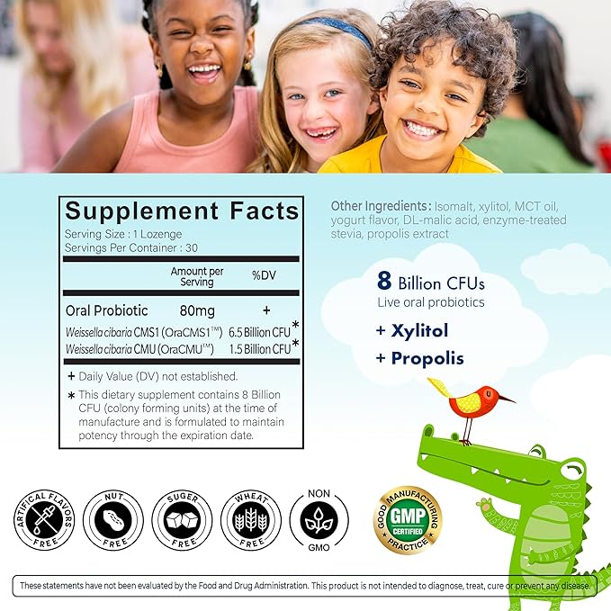 Kids Dental Probiotics for Anti-Cavity + Healthy Teeth and Gums, 8 Billion CFU Probiotics for Oral Health, Yogurt Flavor 2-Pack