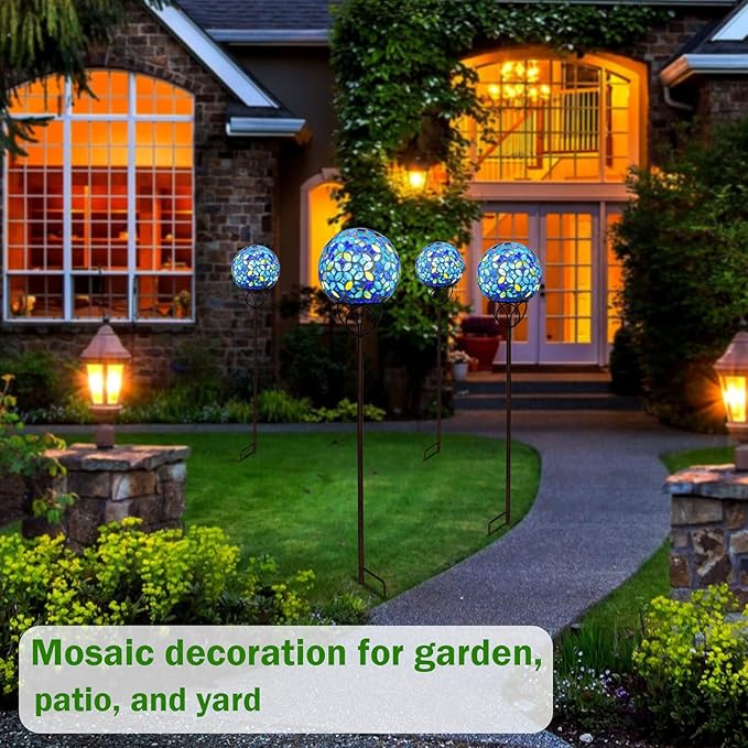 Solar Lights Outdoor Decorative, Solar Gazing Ball Mosaic Garden Stakes Decorative Waterproof Outdoor Lights for Pathway Yard Lawn Decoration (Blue)