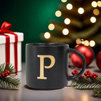COLLECTIVE HOME - Monogram Ceramic Mugs, 15 oz Golden Initial Black Coffee Cups, Elegant Alphabet Tea Mugs, Elegant Personalized Mug with Gift Box, Unique Mug with Double Side Capital Lette (P)