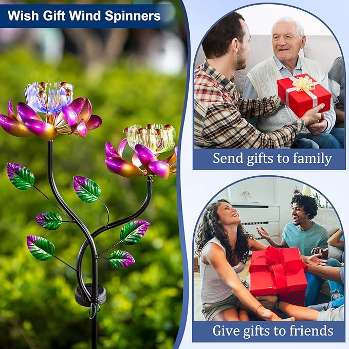 Solar Wind Spinners Pink Twin Flowers for Yard and Garden, Solar Windmill Garden Whirligig Kinetic Spinners Decor for Lawn, Patio, Yard, Metal Wind Outdoor Sculpture