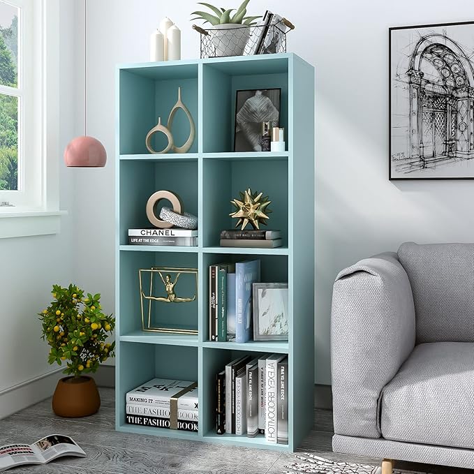 8-Cube Storage Shelf Bookcase - Wooden 4-Tier Floor Standing Open Bookshelf, Modern TV Stand up to 55 Inchs for Home and Office, Light Blue