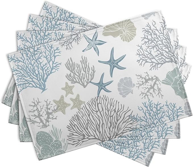 Summer Linen Placemats Set of 4 Nautical Coastal Theme Washable Non-Slip Heat Resistant Table Place Mat 12×18 Inch Ocean Beach Blue Grey Coral Starfish Place Mats for Kitchen Dining Table