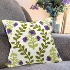 Alysheer Floral Embroidered Spring Decorative Throw Pillow Cover 18"x 18", Farmhouse Cottage Purple Flowers Green Leaves Knit Pattern Cotton Canvas Cushion Case for Sofa Couch Bed Living Room Decor