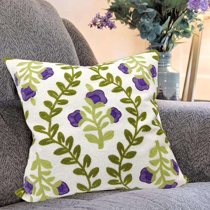 Alysheer Floral Embroidered Spring Decorative Throw Pillow Cover 18"x 18", Farmhouse Cottage Purple Flowers Green Leaves Knit Pattern Cotton Canvas Cushion Case for Sofa Couch Bed Living Room Decor