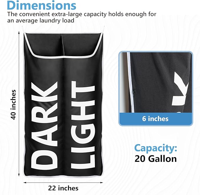 Hanging Laundry Hamper Bag XL 40x22", Space Saving over the Door Storage Bags, Behind the Door Hampers for Dirty Clothes & Wall Mounted Basket for Bathroom, Organizer for Small Room Spaces RV