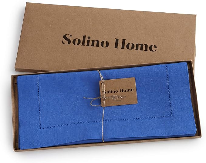 Solino Home Linen Royal Blue Table Runner 90 Inches Long - 100% Pure Linen 14 x 90 Inch Table Runner - Classic Hemstitch