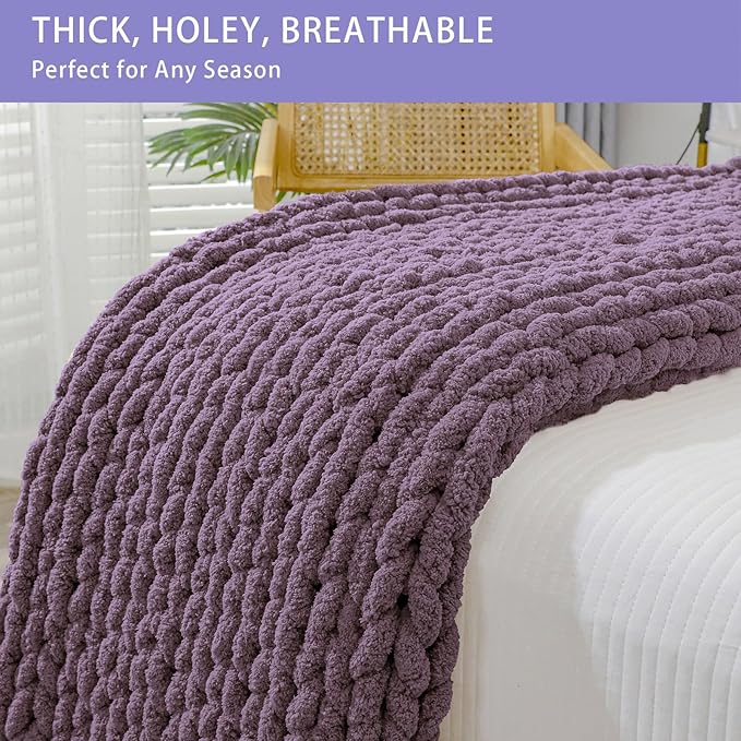Bigacogo Chunky Knit Throw Blanket for Couch, 40x40 inches, 100% Hand Knitted with Thick Jumbo Chenille Yarn, Cozy Soft Large Rope Knot Cable Crochet Blankets for Sofa Bed Living Room, Winter Grape