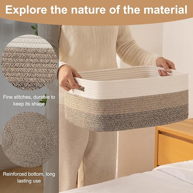 Large Storage Basket for Organizing, Woven Rope Basket for Shelves, Closet Organizer Bins for Clothes, Blanket, Toys, Baby Nursery Storage, 17.7" x 13" x 7.87", 2 Packs Yellow