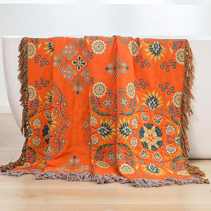 Throw Blanket for Couch Bed Chair,100% Cotton Soft Lightweight Blanket Rustic Quilt -Orange Floral Printed Farmhouse Decor Bed All Season Blankets,90"×98"