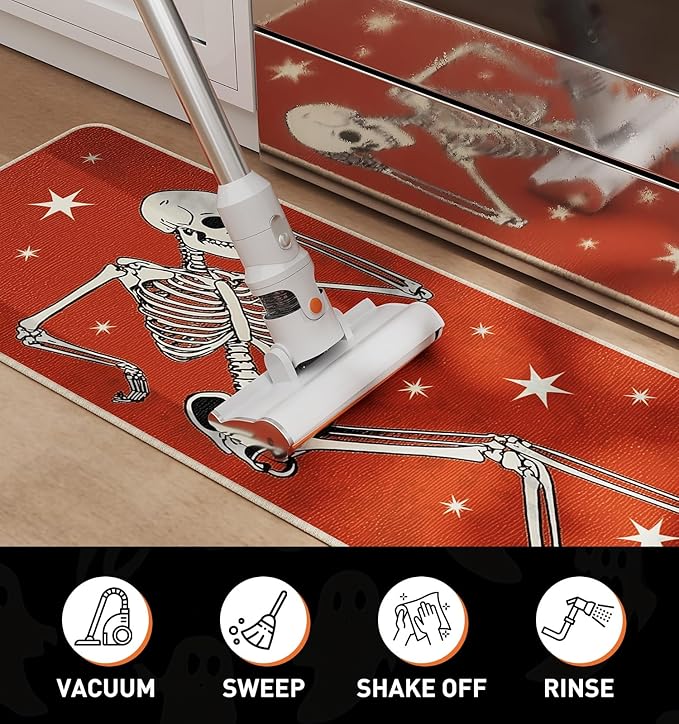 Halloween Kitchen Mat Set of 2, Spooky Skeleton Gothic Halloween Kitchen Decor, Halloween Rug for Floor, Indoor Spooky Home Decor with Non-Slip Backing,17 x 29 Inch & 17 x 47 Inch