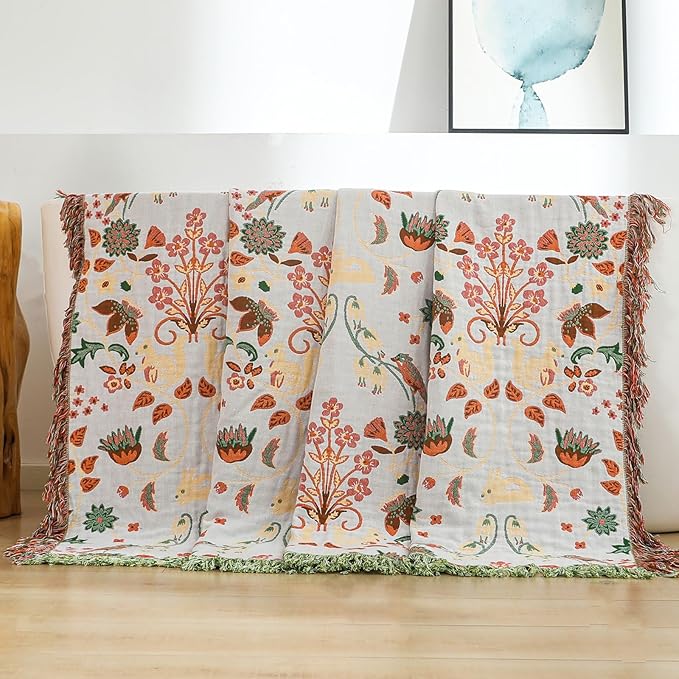 Boho Ultra Soft Throw Blanket 60''x80',100% Cotton Blankets for Couch Bed,Squirrel Farmhouse Home Decor Bed Blankets, All Season Rustic Reversible Bohemian Lightweight Throw for Bed -Light Green ﻿