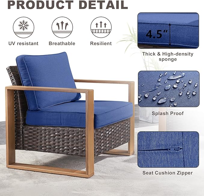 Outdoor Wicker Patio Furniture Set - 5 Piece Patio Conversation Set with 2 Wicker Armrest Chairs,2 Rattan Ottoman, 1 Side Table, Sturdy Frame, Thick Cushions, Deep Seating(Brown/Blue)