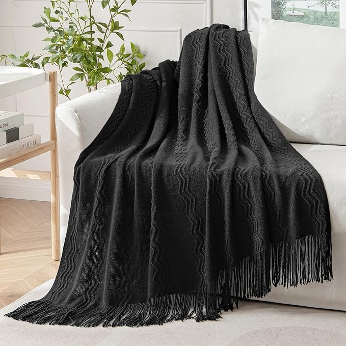 MIULEE Black Knitted Throw Blanket for Couch Textured Knit Blanket with Tassels Cozy Woven Boho Bed Blanket for Sofa Bed Chair Acrylic Wave Pattern 50"x60"