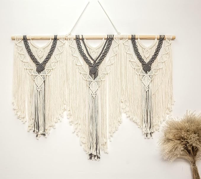 guzhiou large macrame wall hanging - Boho Tapestry Macrame Wall Decor Art- Chic Bohemian Handmade Woven Tapestry Home Decoration for Bedroom Living Room Apartment Wedding Party - 43"x32" (Beige-grey)