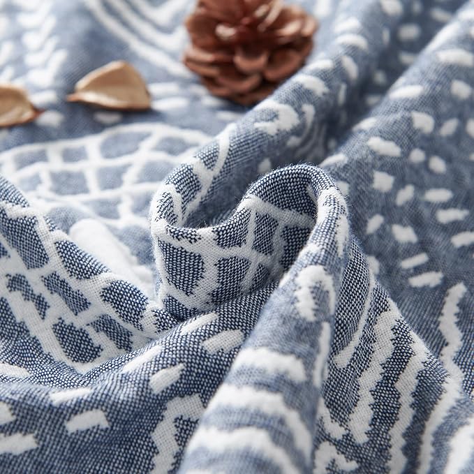 jinchan Boho 100% Cotton Muslin 50x60 Throw Blanket Lightweight 3-Layer Blue Blanket Washable Reversible Breathable Decorative Geometric Striped Patterned Soft Cozy for Sofa Bed All Season Gift