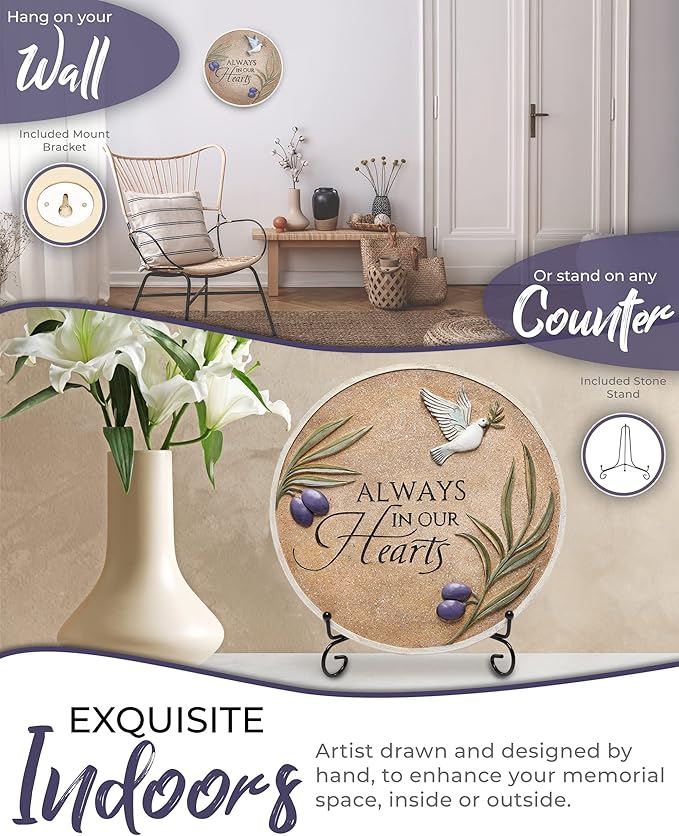Spiritwind 10-Inch Garden Memorial Stone with Included Plaque Stand & Sympathy Card, Memorial Plaques for Outdoors with Peace Dove Amongst Olive Branches, Memorial Stepping Stone for Loss of Loved One