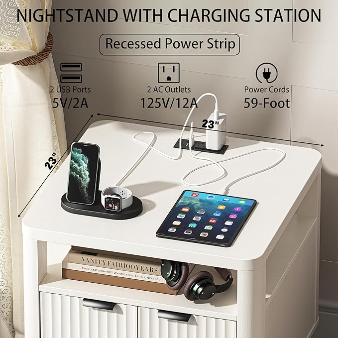 Nightstand with Charging Station, 24" End Table Side Table with Open Shelf, Modern Large Wood Fluted Bedside Cabinet for Bedroom, Living Room, White