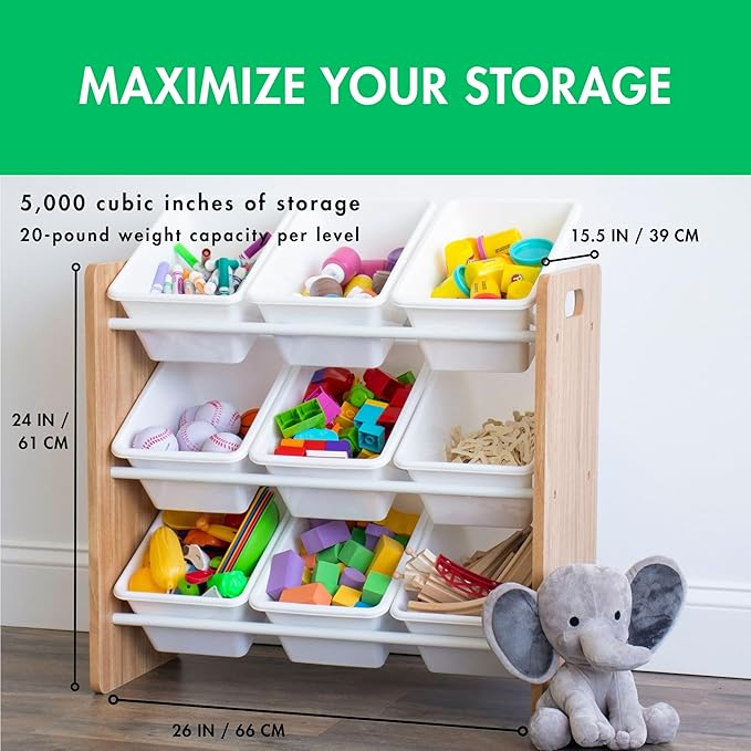 Humble Crew 9-Bin Toy Organizer – Journey Natural Wood with White Plastic Bins, 3-Tier Storage Solution for Kids' Playrooms and Nurseries