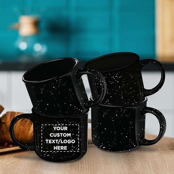 DISCOUNT PROMOS Custom Ceramic Campfire Coffee Mugs 13 oz. Set of 10, Personalized Bulk Pack - Perfect for Tea, Espresso, Cappuccino, Hot Cocoa - Black