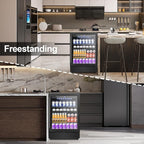 24 Inch Beverage Refrigerator, 5.2 Cu. Ft. Drink Refrigerator with Glass Door, 200 Cans Under Counter & Freestanding Drink Fridge, Reversible Door, Built-In Beverage Cooler for Kitchen, Bar or Office.