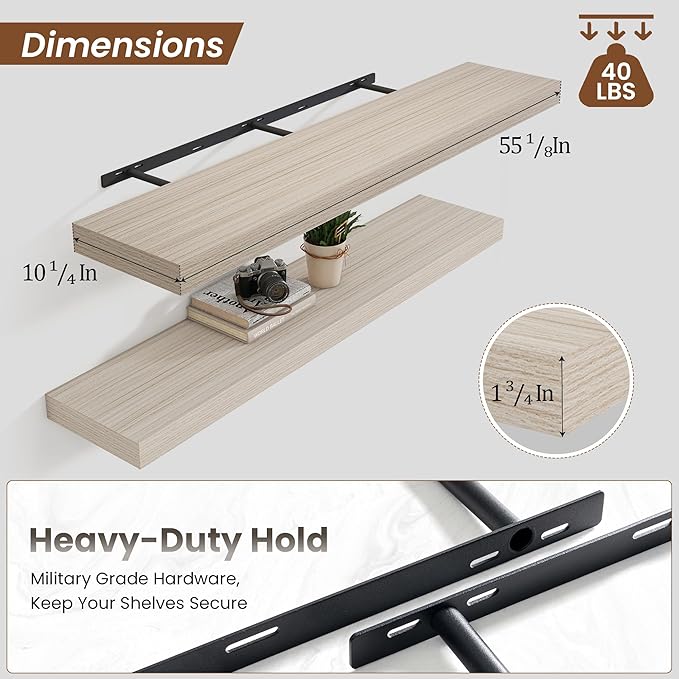 Heimlove 55 Inch Floating Shelves for Wall,10 Deep Large Grey Wall Shelf with Heavy Duty Brackets,Mounted Storage & Display Shelves for Bedroom,Living Room,Kitchen,Office,Set of 2