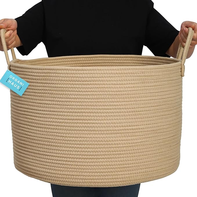 OrganiHaus Large Laundry Basket, Woven Cotton Rope Basket for Blankets, Toy Storage, Nursery Hamper, Living Room Decor Organizer, Soft & Durable Hamper with Handles, 20x13 inches - Honey
