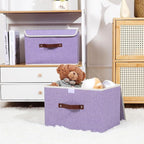 ANMINY 2PCS Storage Bins with Lid PU Leather Handles Storage Boxes PP Plastic Board Decorative Foldable Lidded Cotton Linen Fabric Home Cubes Baskets Closet Organizer Containers - Purple, Large Size