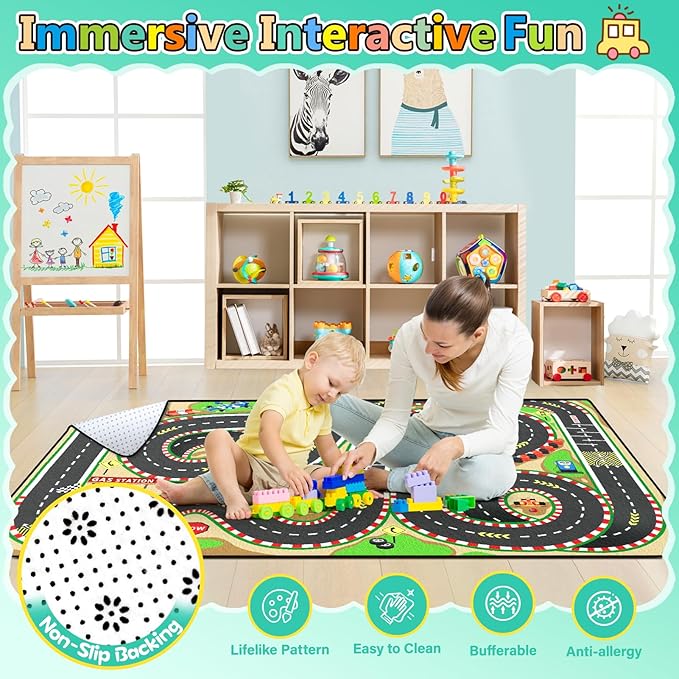 Kids Rug, Race Track Baby Play Mats, Realistic 3D Cascading Surround Route, 4x6 Ft Kids Rug for Playroom, Great for Playing with Cars and Toys, Non-Slip Car Carpet