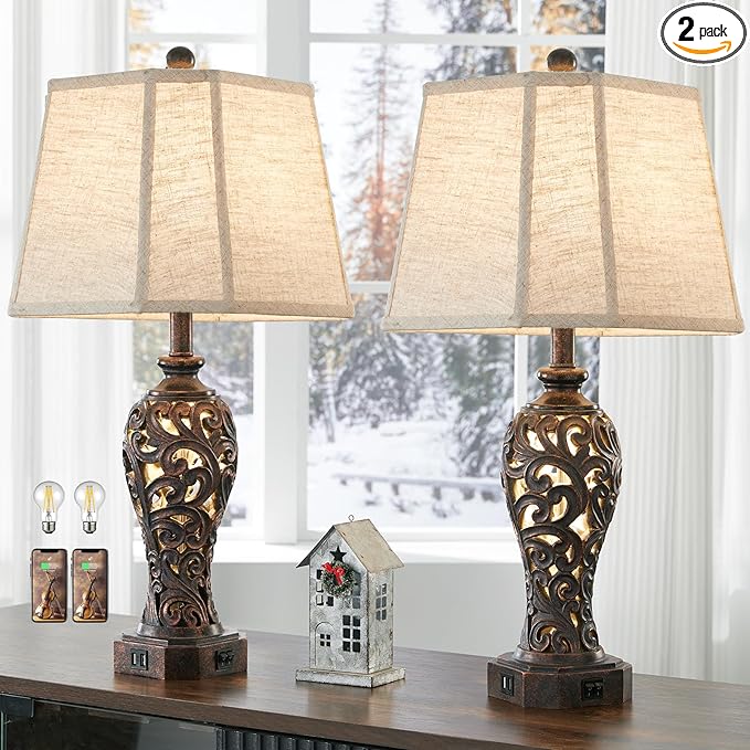 Set of 2 Farmhouse Table Lamps for Living Room, Rustic Vintage Nightstand Lamp with 2 USB Port, Bronze Resin Lamps for Bedroom End Table with Hollow Out Nightlight, 2 Bulbs Included