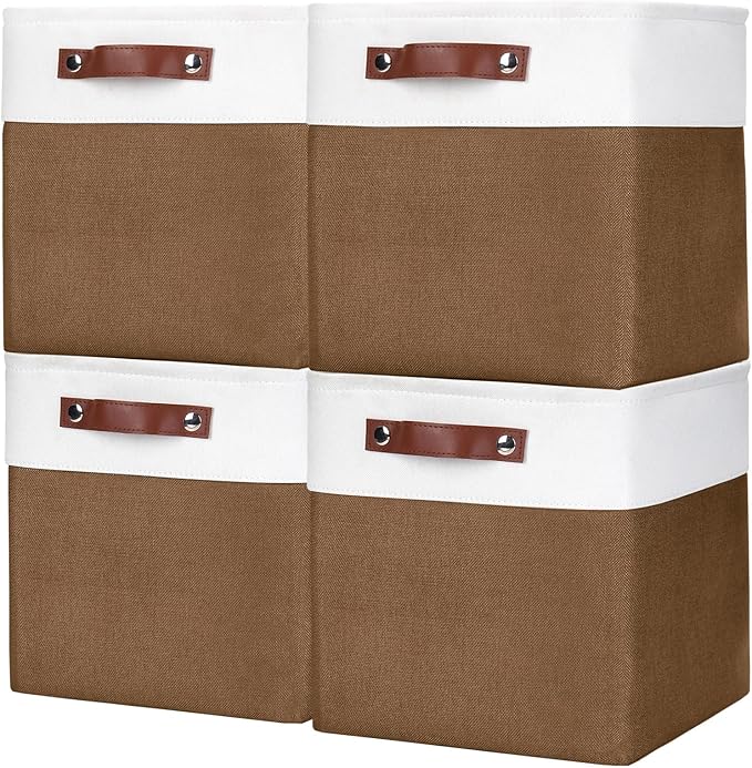 Collapsible Fabric Storage Cubes 11x11 Cube Storage Bins, 4 Pack Closet Baskets Box with Handles for Organizing, Shelf, Toys, Clothes, Home, Office, Nursery (Brown&White)