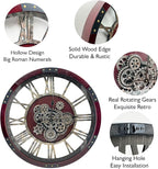DORBOKER 24" Original Moving Gears Wall Clock, Large Industrial Wall Clock for Living Room Decor, Oversized Wood Vintage Farmhouse Steampunk Rustic Clocks for Wall Christmas Decor,Cherry Red