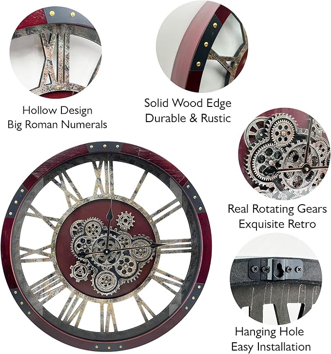 DORBOKER 24" Original Moving Gears Wall Clock, Large Industrial Wall Clock for Living Room Decor, Oversized Wood Vintage Farmhouse Steampunk Rustic Clocks for Wall Christmas Decor,Cherry Red