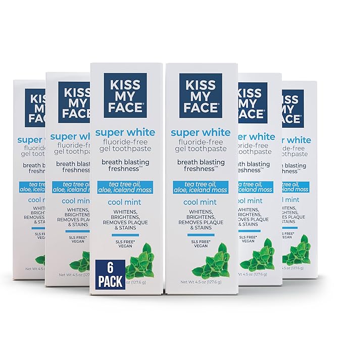 Kiss My Face Super White Toothpaste Gel, Cool Mint Flavor, Removes Plaque and Stains, Teeth Whitening Toothpaste, Fluoride Free, Vegan, 4.5 oz, 6 Pack