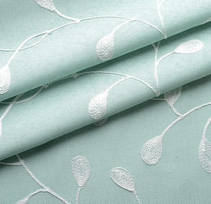 MIUCO Floral Embroidery Semi Sheer Curtains Faux Linen Grommet Panels for Living Room 52 x 84 Inch 2 Panels Set, Subtle Green