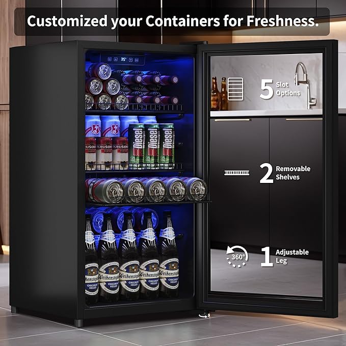 Beverage Fridge, 130 Can Mini Fridge With Glass Door, Beverage Cooler Refrigerator, Wine Drink Beer Cooler, Adjustable Shelves & Digital Temperature Display