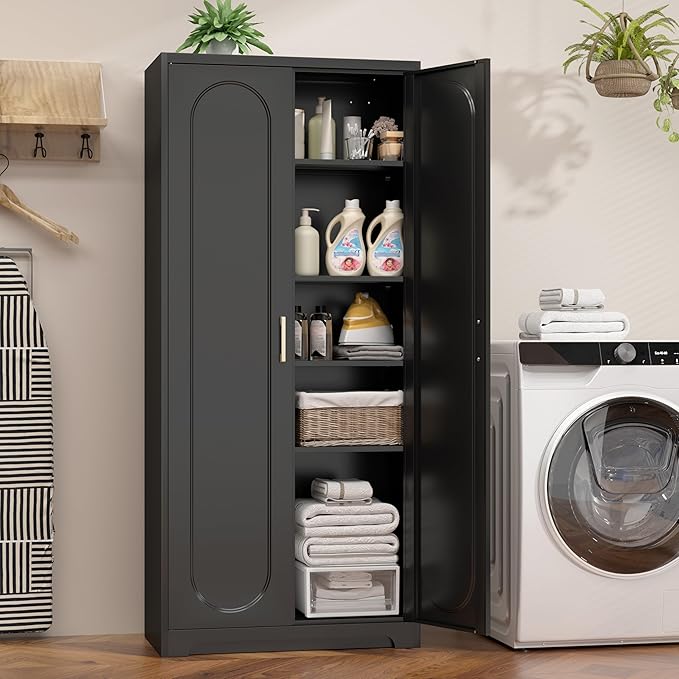 71" Tall Metal Pantry Cabinet with 4 Adjustable Shelves and Gold Handles Heavy-Duty Steel Storage for Kitchen, Dining Room or Office