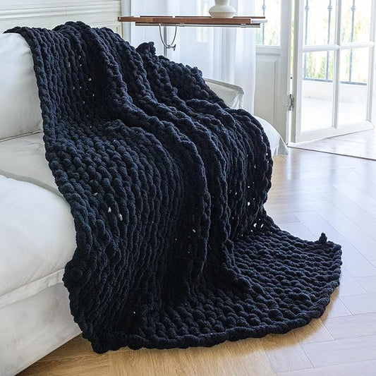 Chunky Knit Blanket - Luxury Soft Cozy 50 * 60 Throw Blanket,100% Woven Blanket Rope Knot Throw Blanket for Couch, Sofa, Home Decor, Gift - Machine Washable（Black）