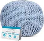 BIRDROCK HOME Round Pouf Ottoman | Cotton Braided Foot Stool with Bean Bag Filling | Boho Foot Rest for Living Room & Bedroom | Compact & Comfortable Seating, Lightweight & Soft | Soft Blue
