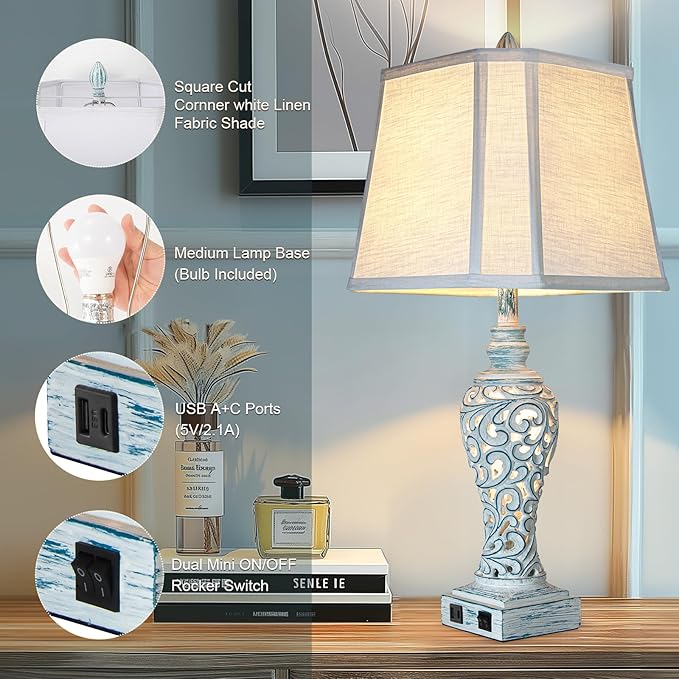 Table Lamp Bedside Lamps Set of 2, 28.5'' Luxsight Farmhouse Table Lamps for Bedroom, Lamps for Nightstands with Night Lights, with USB C+A Ports, Rustic Lamp for Living Room, Bulb Included