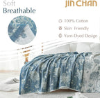 jinchan Boho 100% Cotton Muslin Twin Size 60x80 Inches Blanket Lightweight 4-Layer Quilted Soft Blue and White Floral Throw Blanket Green Accents Reversible Comfy Flower Summer Couch Bedroom Decor