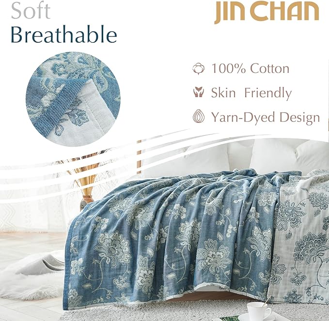 jinchan Boho 100% Cotton Muslin Twin Size 60x80 Inches Blanket Lightweight 4-Layer Quilted Soft Blue and White Floral Throw Blanket Green Accents Reversible Comfy Flower Summer Couch Bedroom Decor