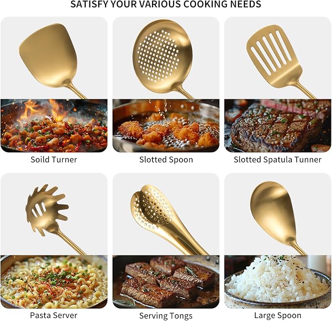 304 Stainlss Steel Matte Kitchen Utensils Set, 11 Pcs Long Metal Cooking Utensil Gadgets Tools Set with Spatula, Spoon, Ladle, Skimmer, Tunner, Pasta Server, Tongs(Gold, Dishwasher Safe)