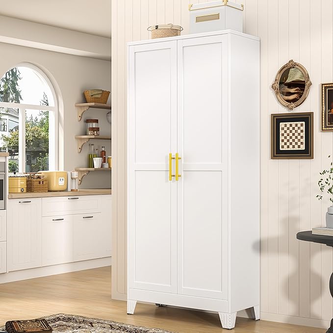 71" Tall Metal Pantry Storage Cabinet with Doors and 4 Adjustable Shelves, White Kitchen Food Pantry Cabinets, Tall Freestanding Cupboard for Kitchen, Dining Room or Living Room